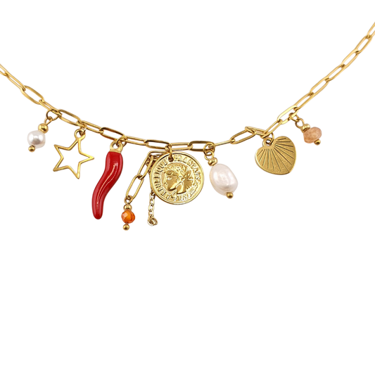 Cadena mini charms moneda cuerno abundancia estrella