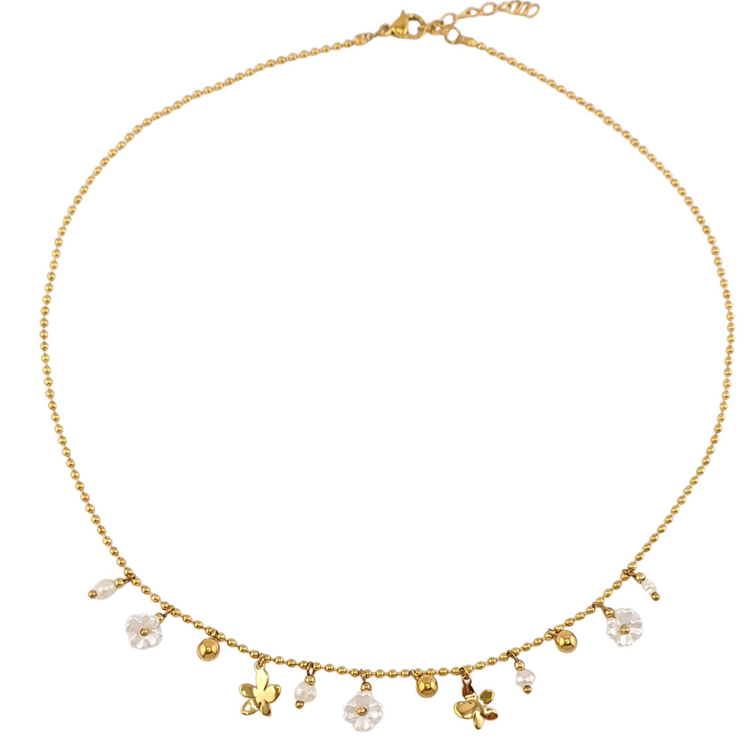 Cadena mini charms blancas Cadena bolitas flor perlas