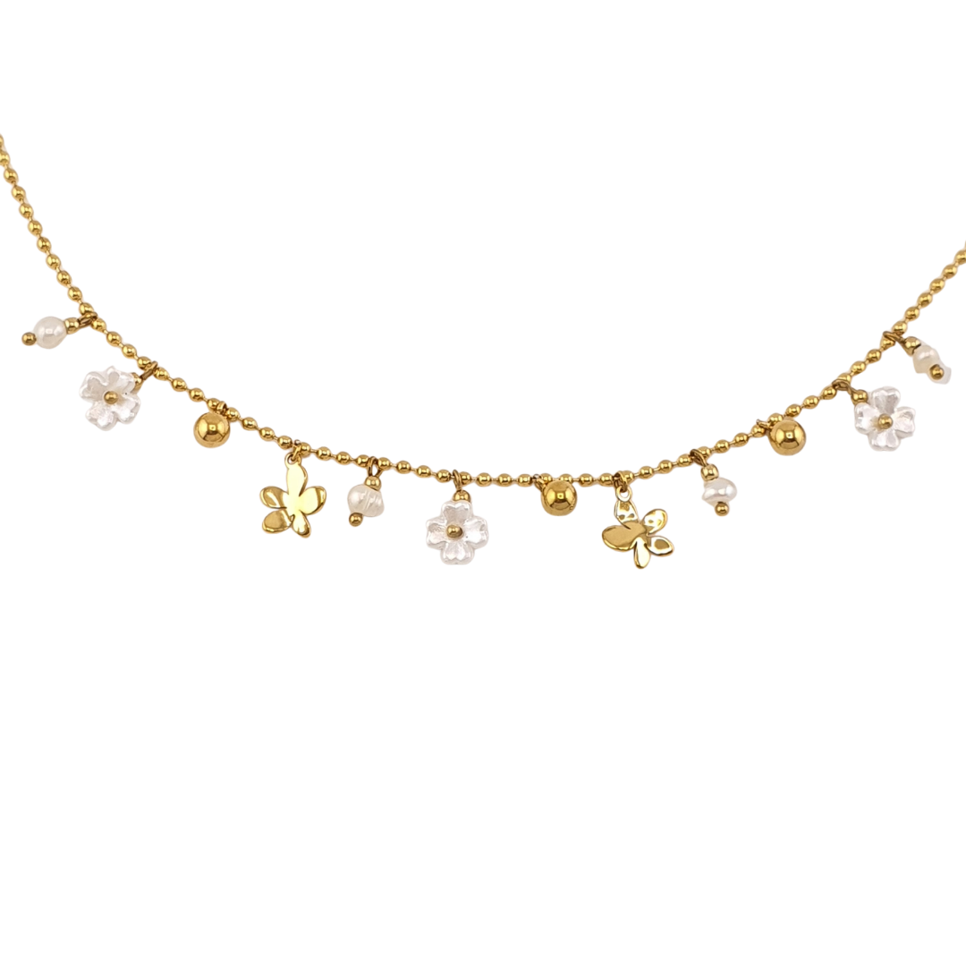 Cadena mini charms blancas Cadena bolitas flor perlas