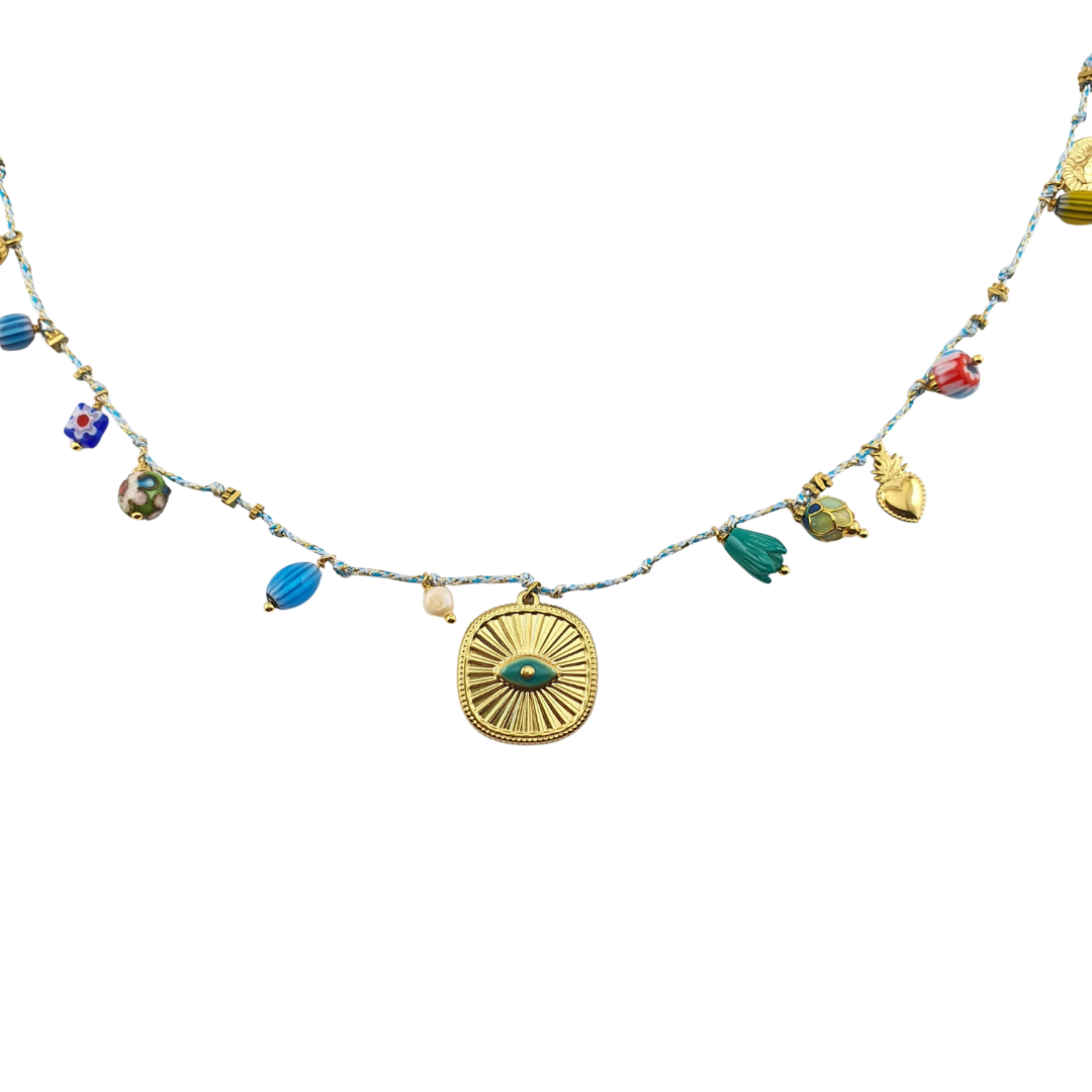 Collar largo en hilo charms de vidio soplado placa ojo