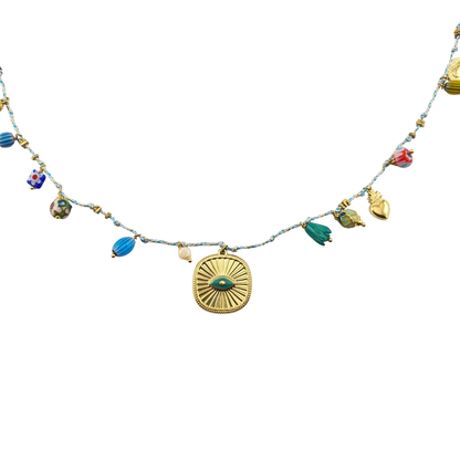 Collar largo en hilo charms de vidio soplado placa ojo