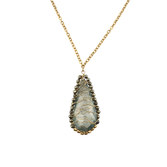 Cadena gota bordada hematita y bimetal