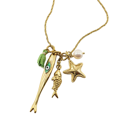 Cadena larga 2 pez ojo estrella mar perla y mota