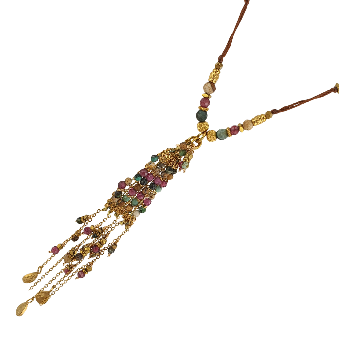 Collar largo hilo cadena turquesa africana y pompon