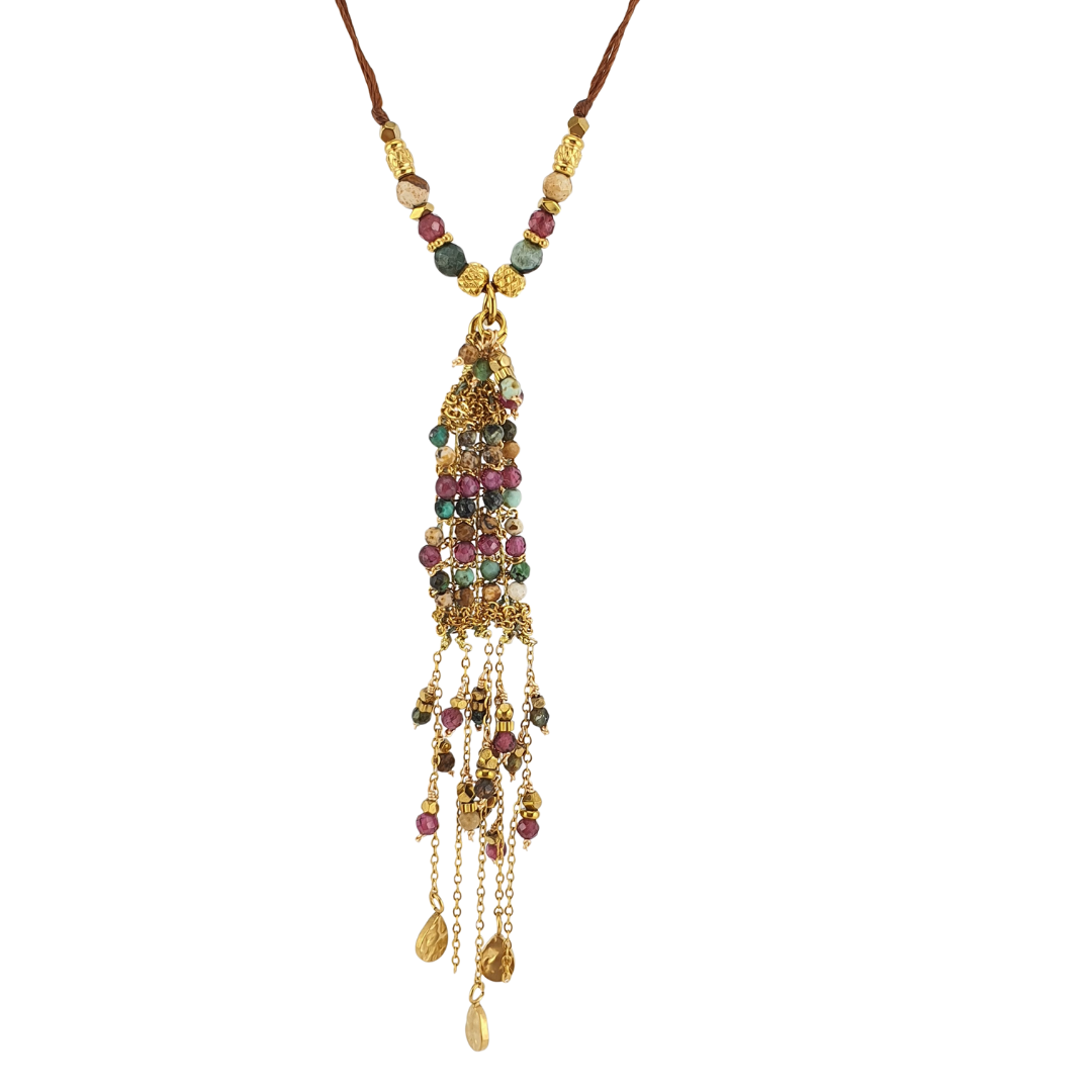 Collar largo hilo cadena turquesa africana y pompon