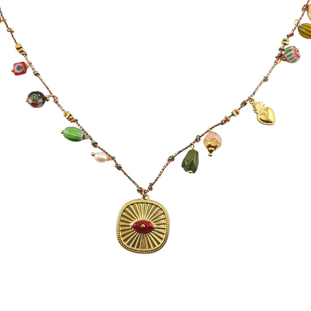 Collar largo en hilo charms de vidio soplado placa ojo