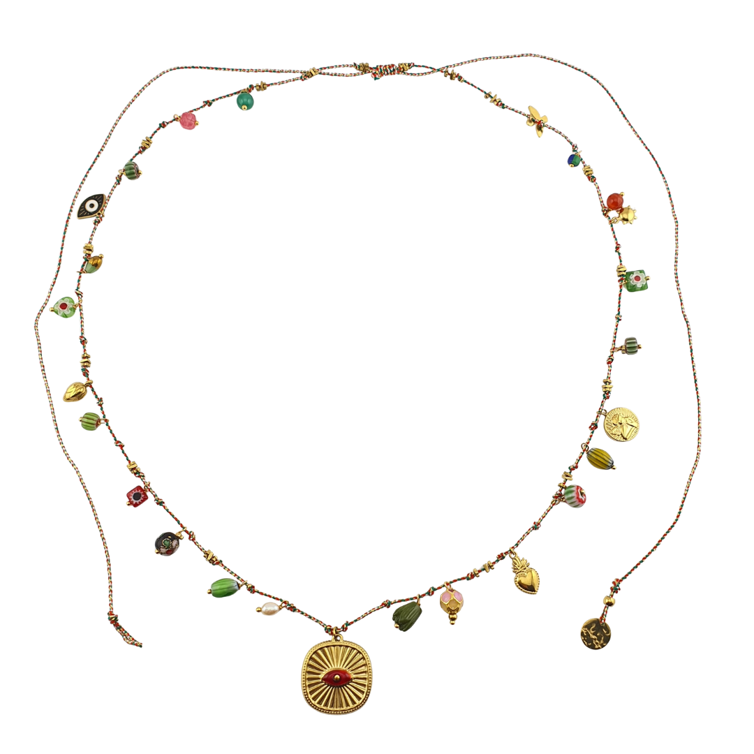 Collar largo en hilo charms de vidio soplado placa ojo