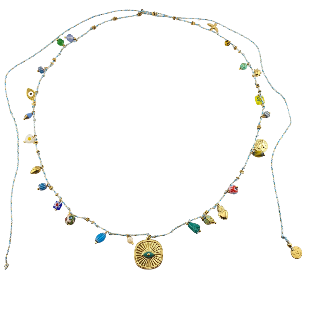 Collar largo en hilo charms de vidio soplado placa ojo